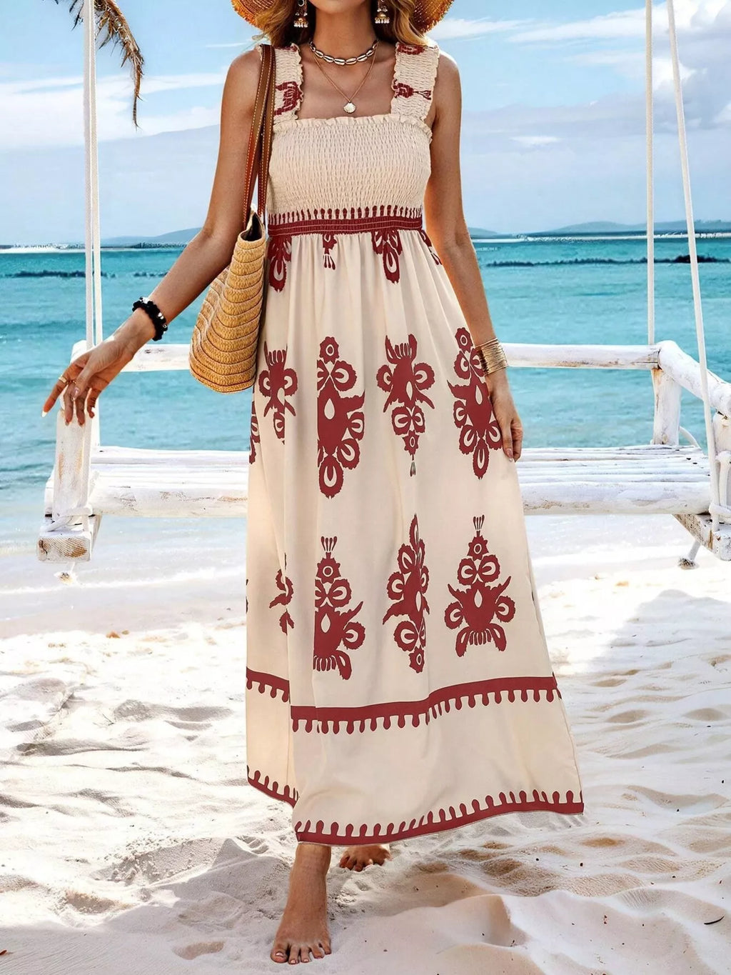 Smocked Printed Square Neck Maxi Dress (28)
