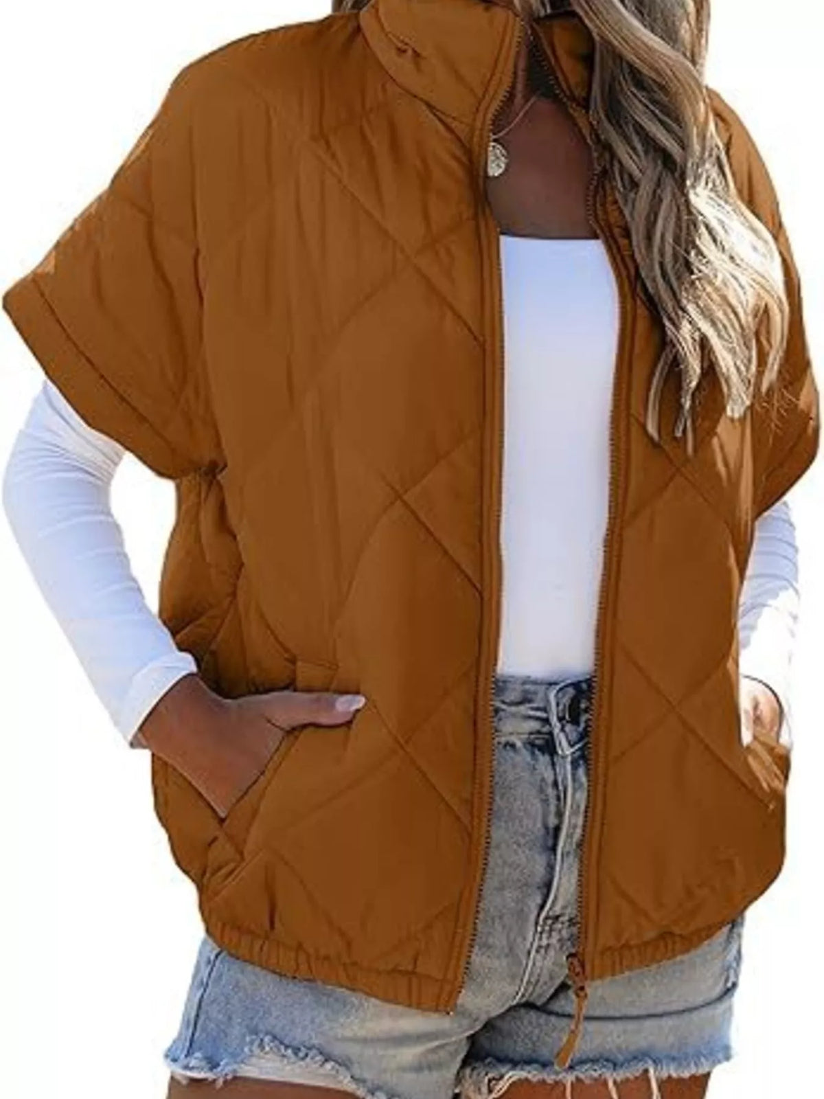 Quilted Zip Up Short Sleeve Winter Coat (9)
