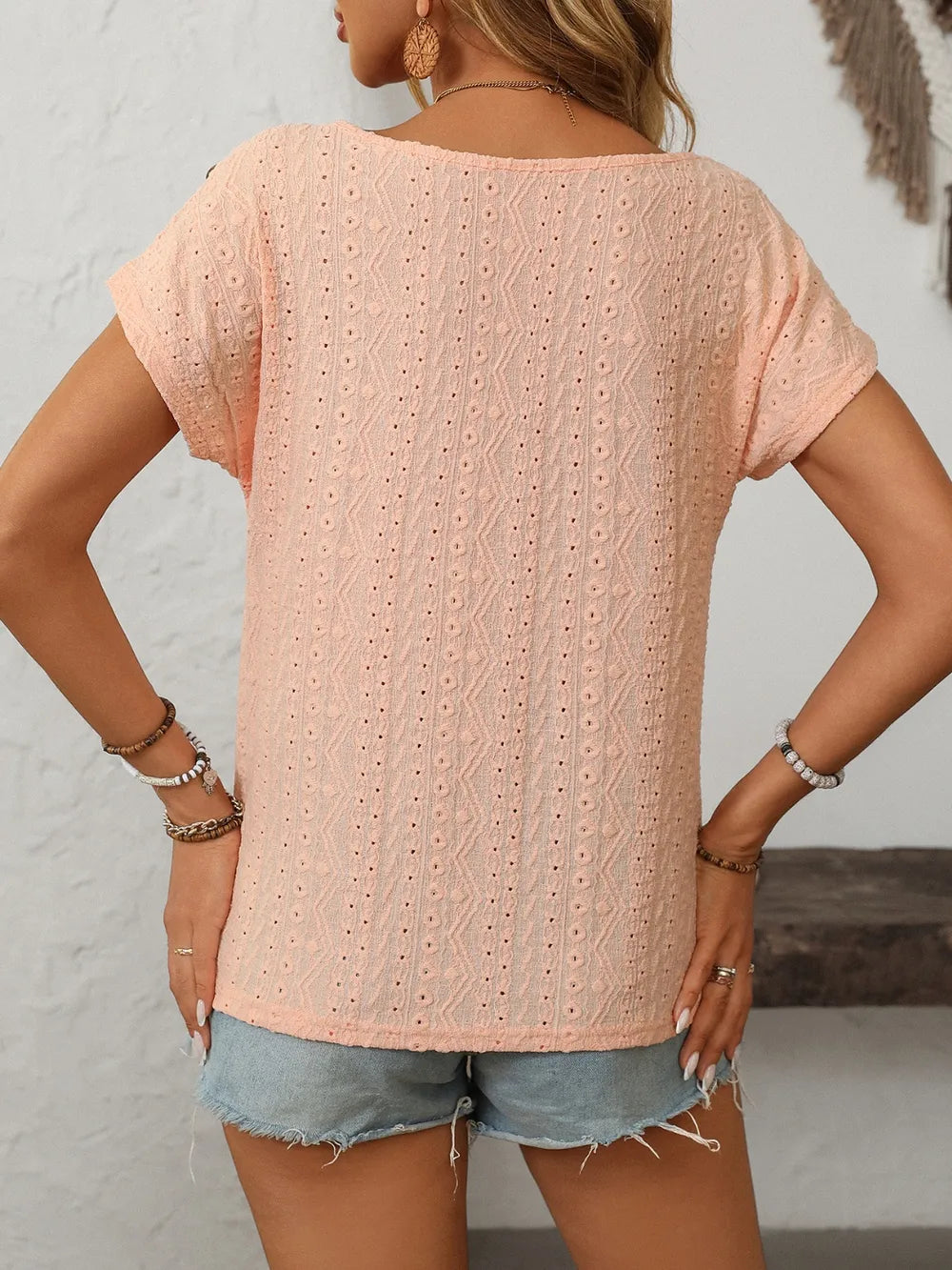 Eyelet Round Neck Short Sleeve Top (13)