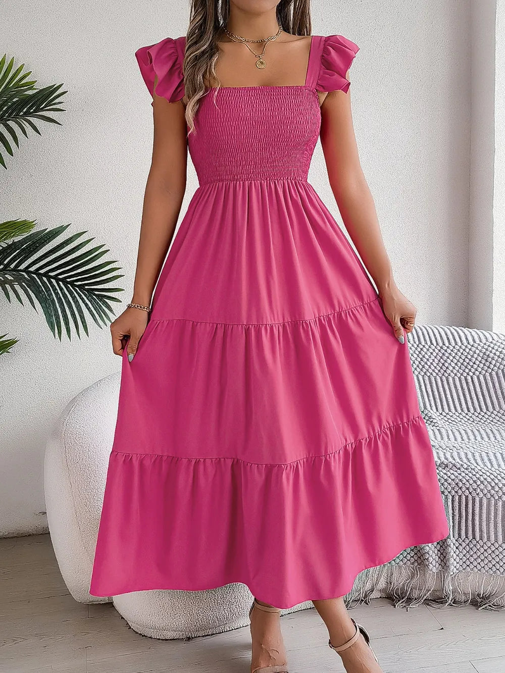 Smocked Square Neck Cap Sleeve Midi Dress (15)