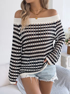 Openwork Striped Off-shoulder Knit Top (11)