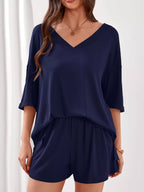 Casual Solid Color V-neck Top Shorts Set (30)