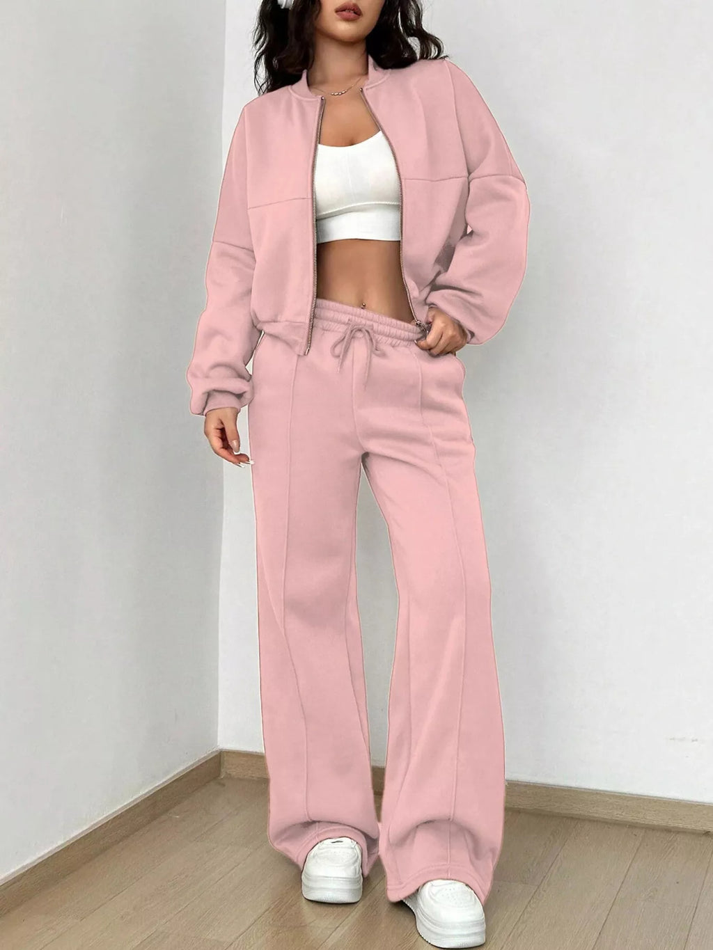 Casual Solid Color Zipper Jacket Wide Leg Pants Set (6)