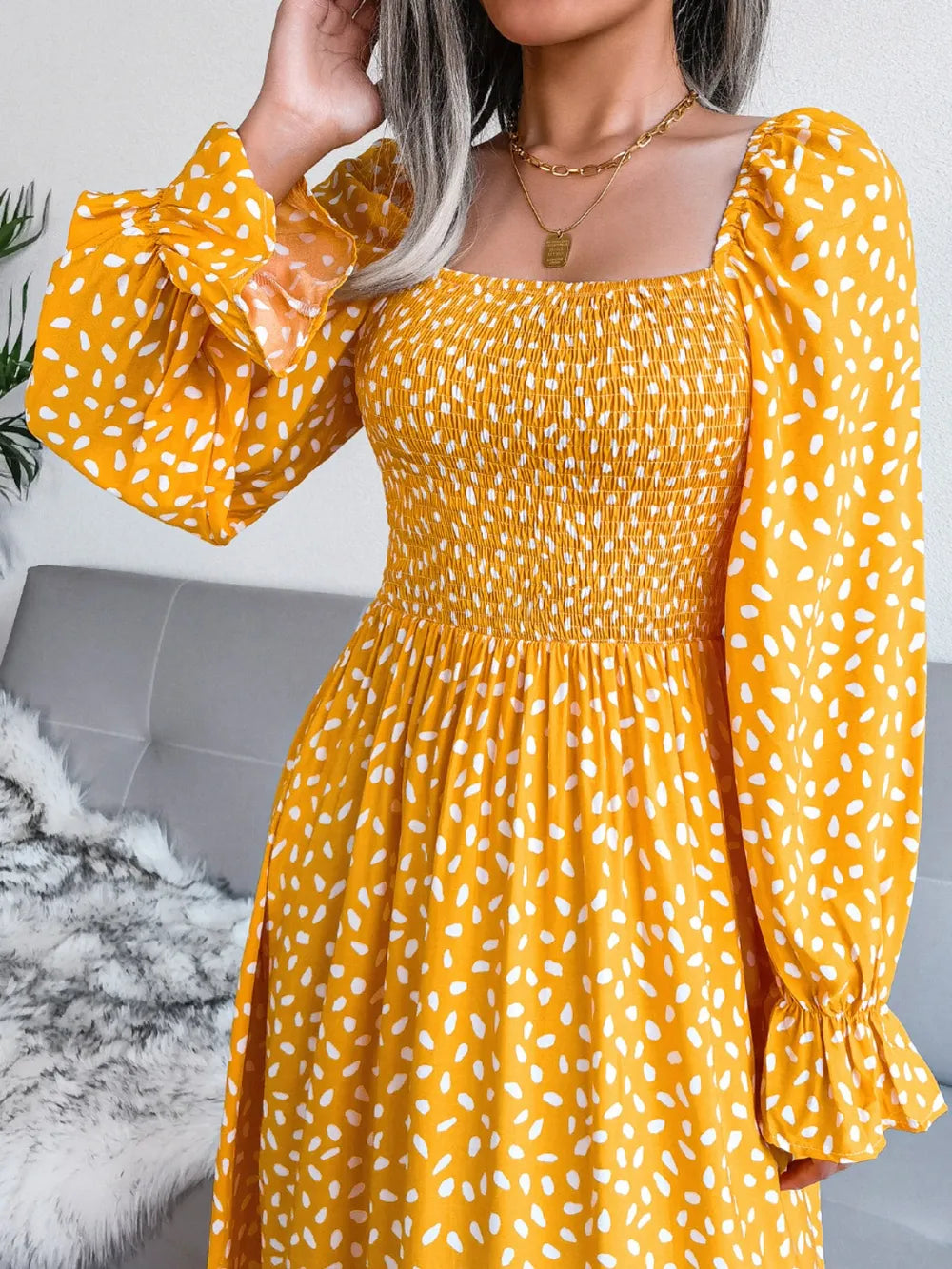 Smocked Square Neck Flounce Sleeve Dress (5)
