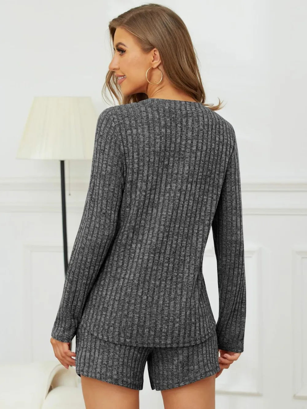 Ribbed Round Neck Top Shorts Set (2)