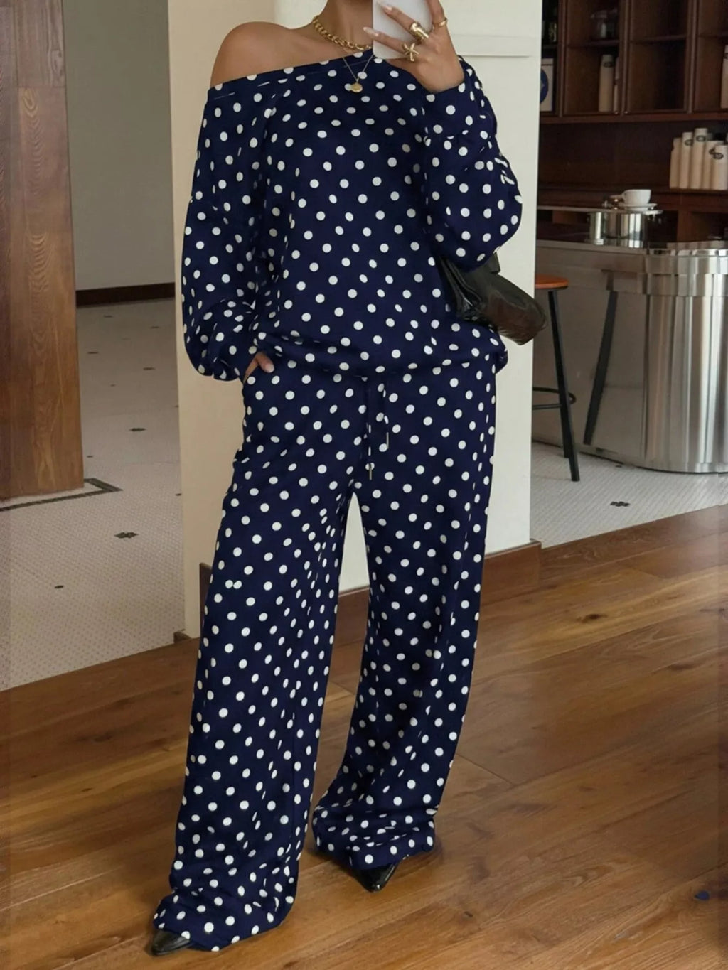 Polka Dot Boat Neck Top Pants Set (11)