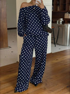 Polka Dot Boat Neck Top Pants Set (11)