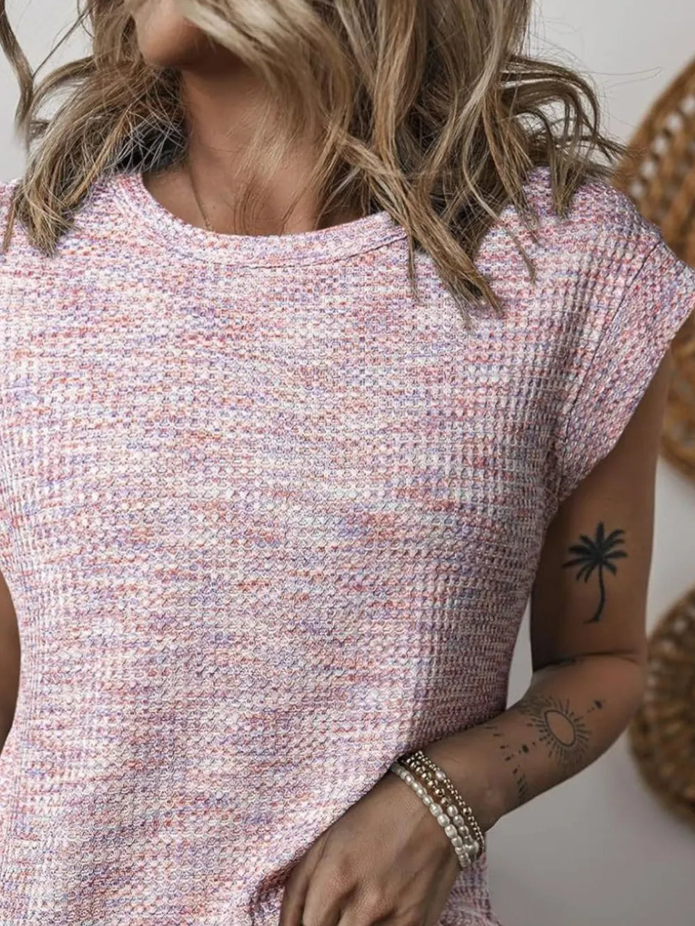 Heathered Round Neck Cap Sleeve T-shirt (3)