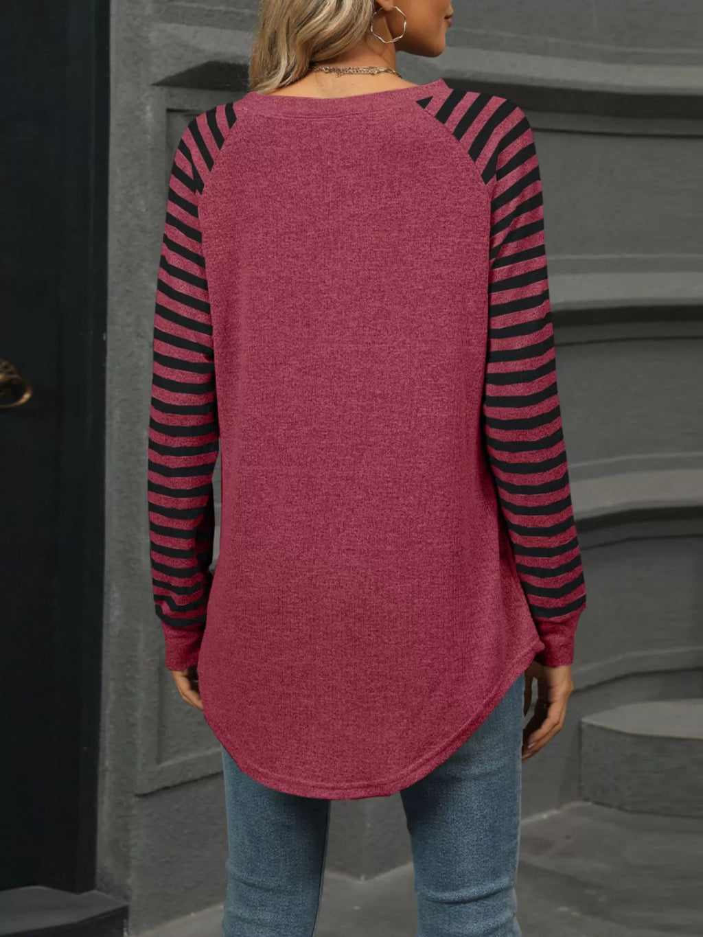 Striped Round Neck Raglan Sleeve T-shirt (20)