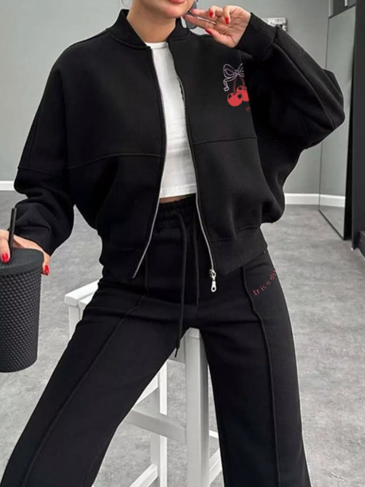 Zip Up Dropped Shoulder Outerwear Pants Set (4)