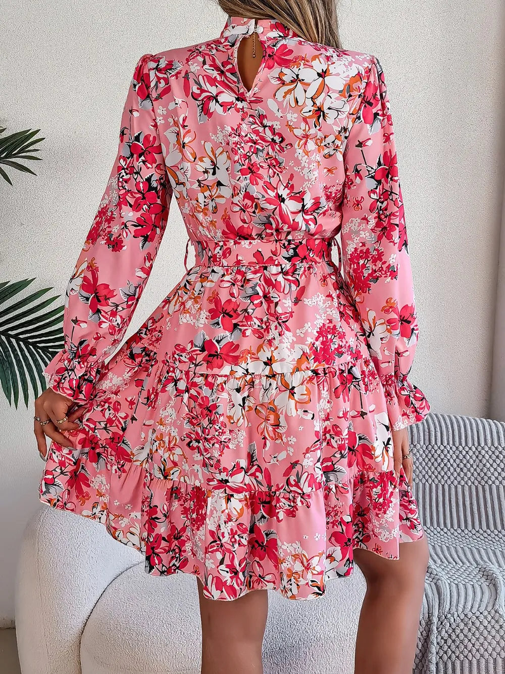 Printed Mock Neck Flounce Sleeve Mini Dress (2)