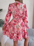 Printed Mock Neck Flounce Sleeve Mini Dress (2)