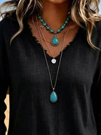 V-neck Frayed Hem Long Sleeve T-shirt (8)