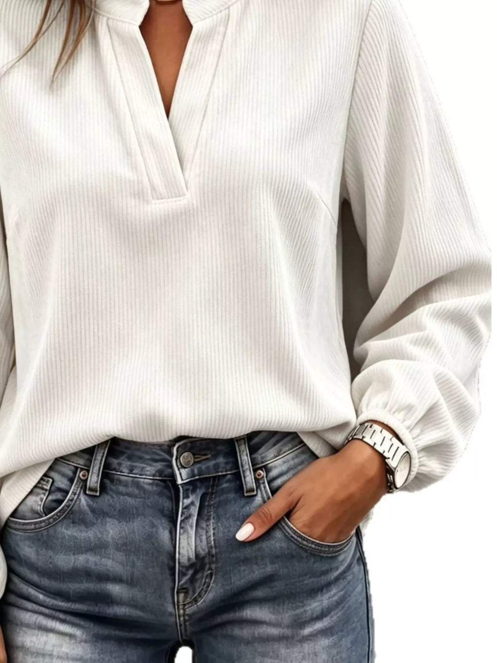 Full Size Corduroy Notched Long Sleeve Top Plus (9)