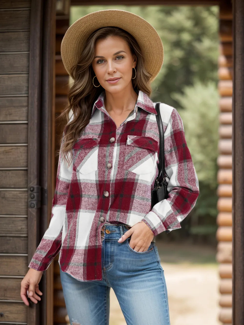 Full Size Pocketed Plaid Collared Neck Shacket (9)