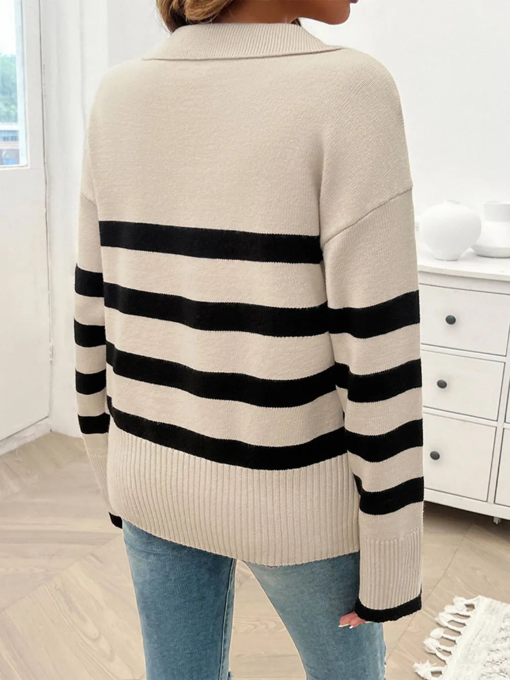 Striped Collared Neck Long Sleeve Sweater (9)