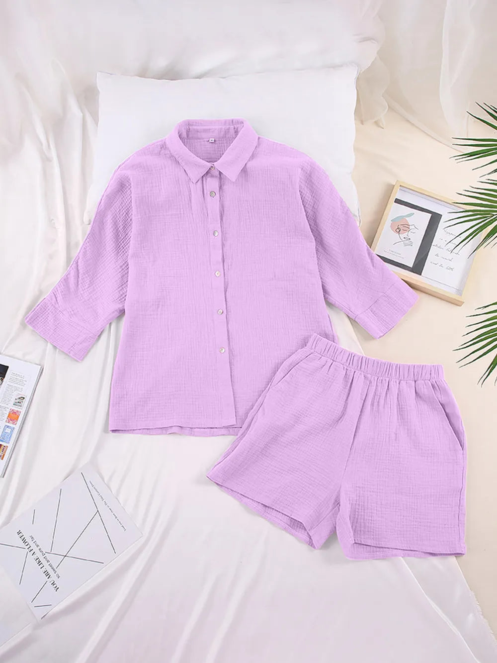 Texture Button Up Shirt Shorts Set (5)
