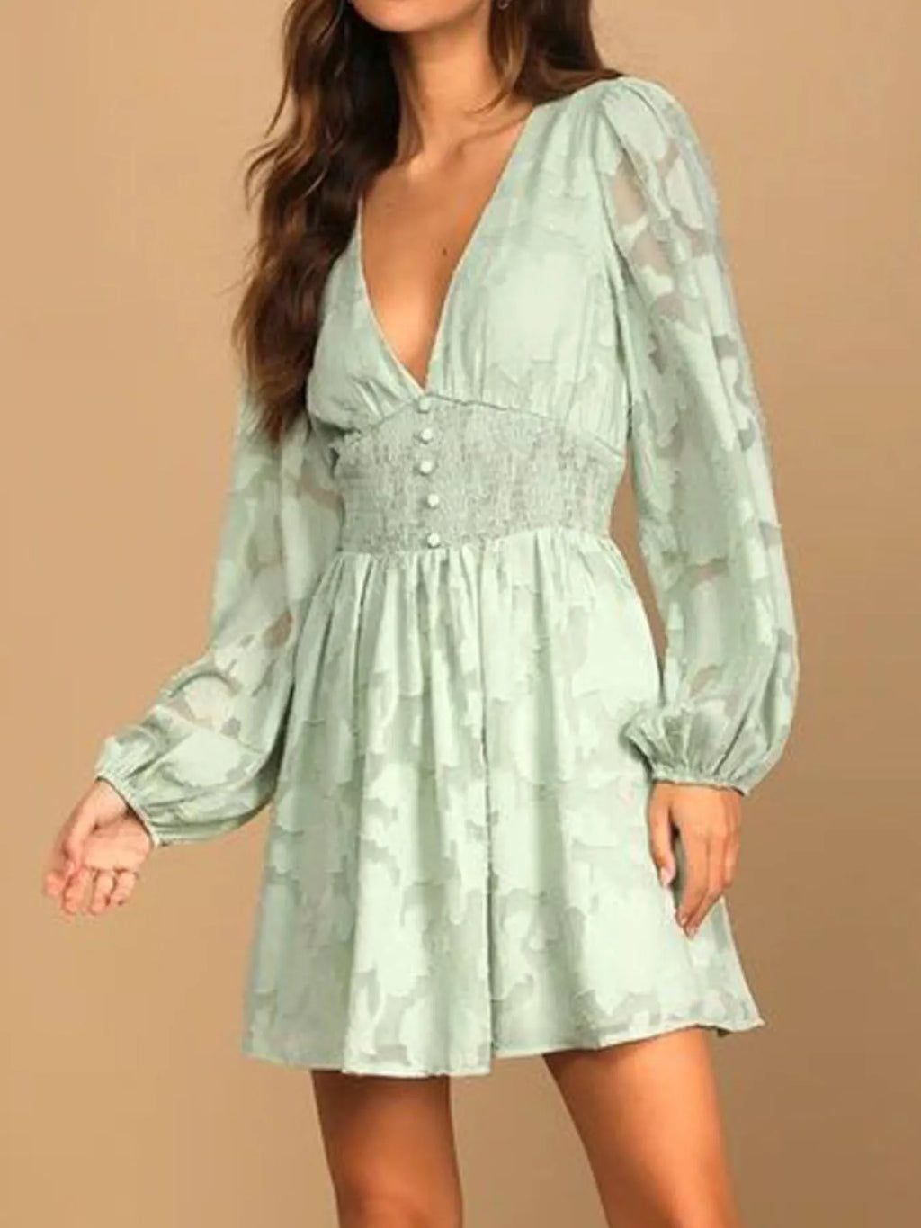 Smocked V-neck Balloon Sleeve Dress (4)