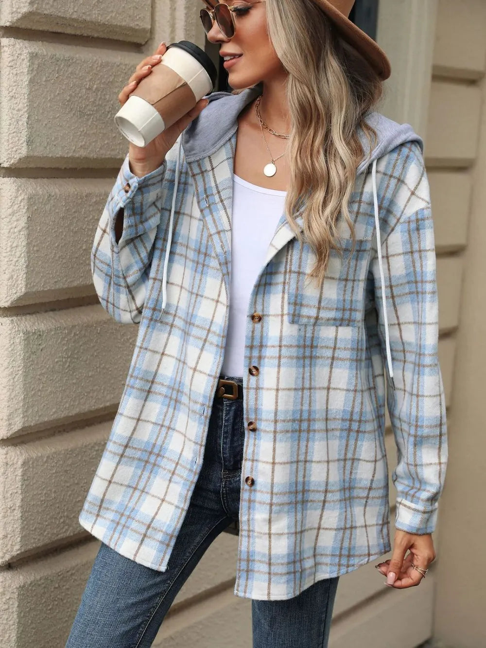 Drawstring Plaid Button Up Hooded Jacket (14)