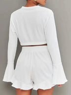 Round Neck Long Sleeve Top Ruffled Shorts Set (6)