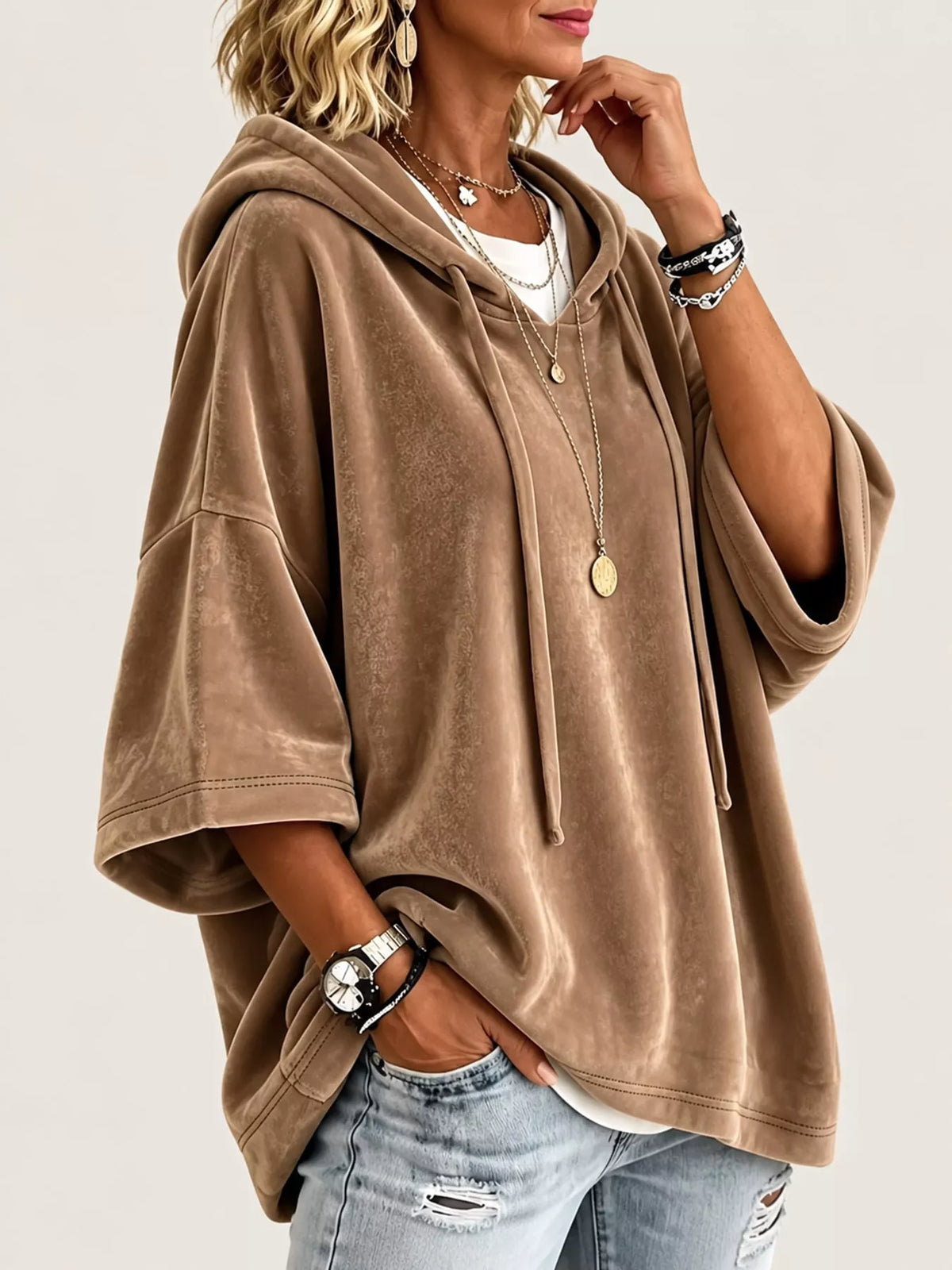 Full Size Velvet Half Sleeve Hoodie Drawstring Plus (21)