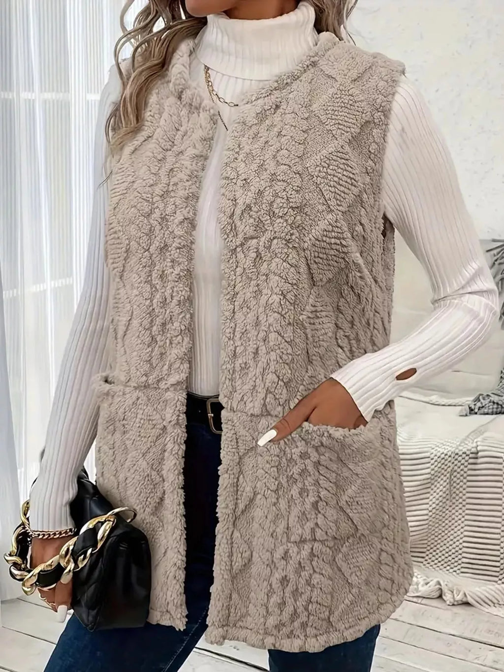 Sherpa Open Front Vest Coat (2)
