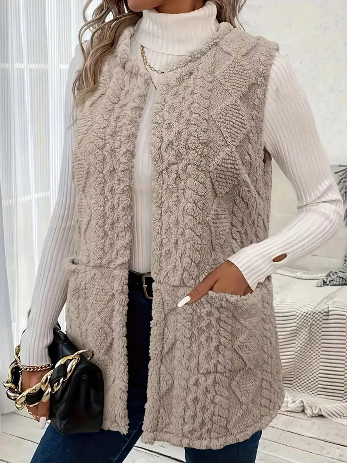 Sherpa Open Front Vest Coat (2)