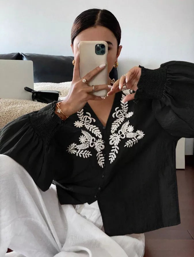 Embroidered Notched Long Sleeve Blouse (8)