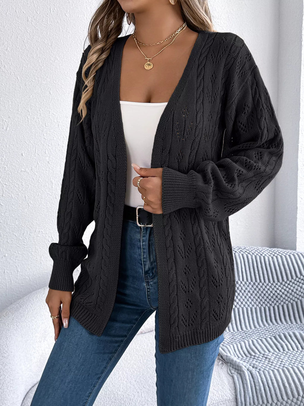 Openwork Open Front Long Sleeve Cardigan (3)