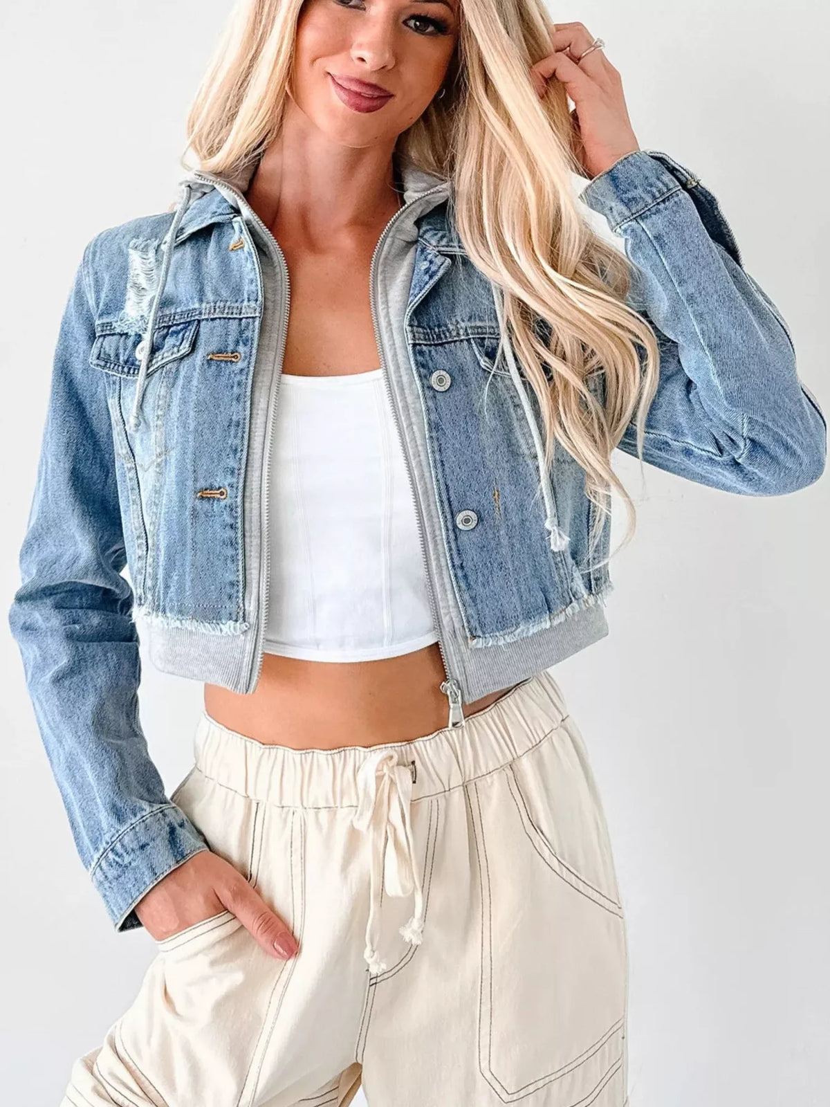 Distressed Zip Up Cropped Hooded Denim Jacket (16)