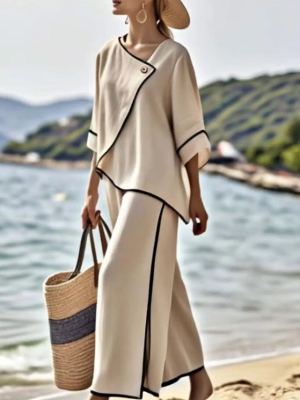 Full Size Contrast Trim Top Wide Leg Pants Set Plus