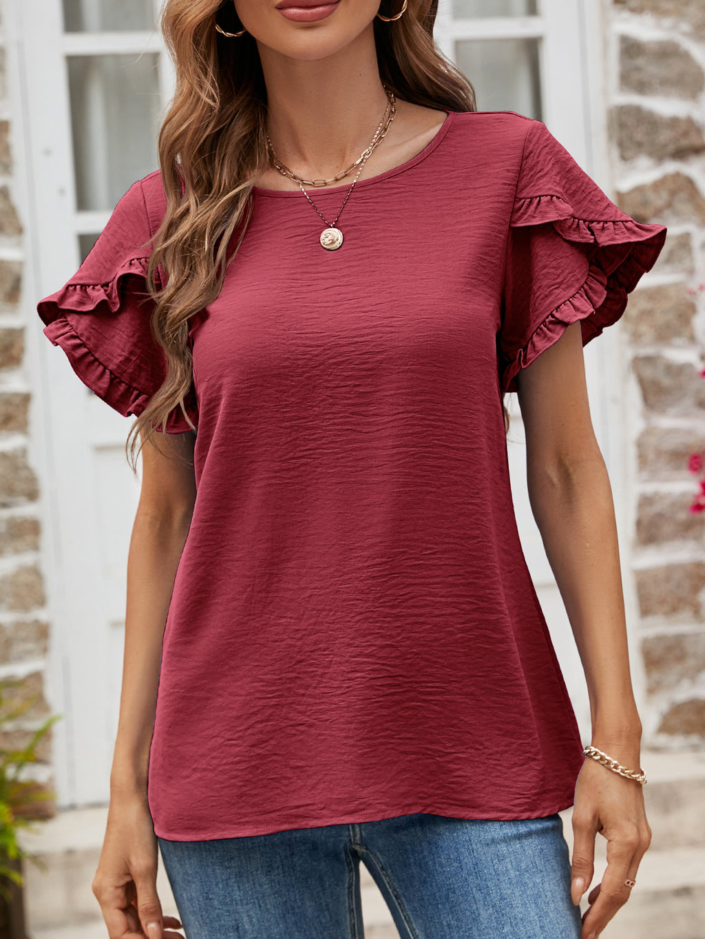 Textured Petal Sleeve Round Neck Tee (7)