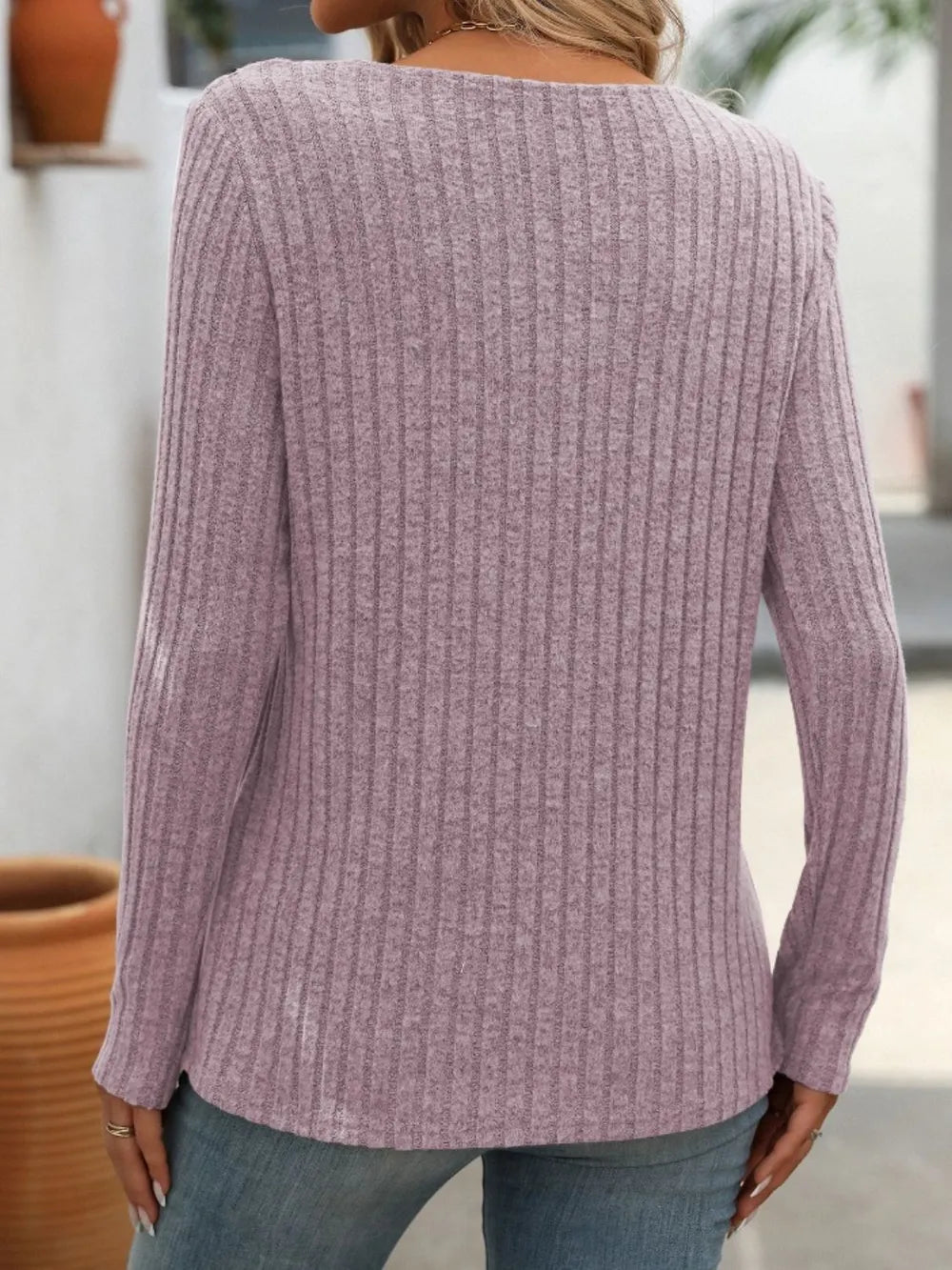 Ribbed V-neck Long Sleeve T-shirt (14)