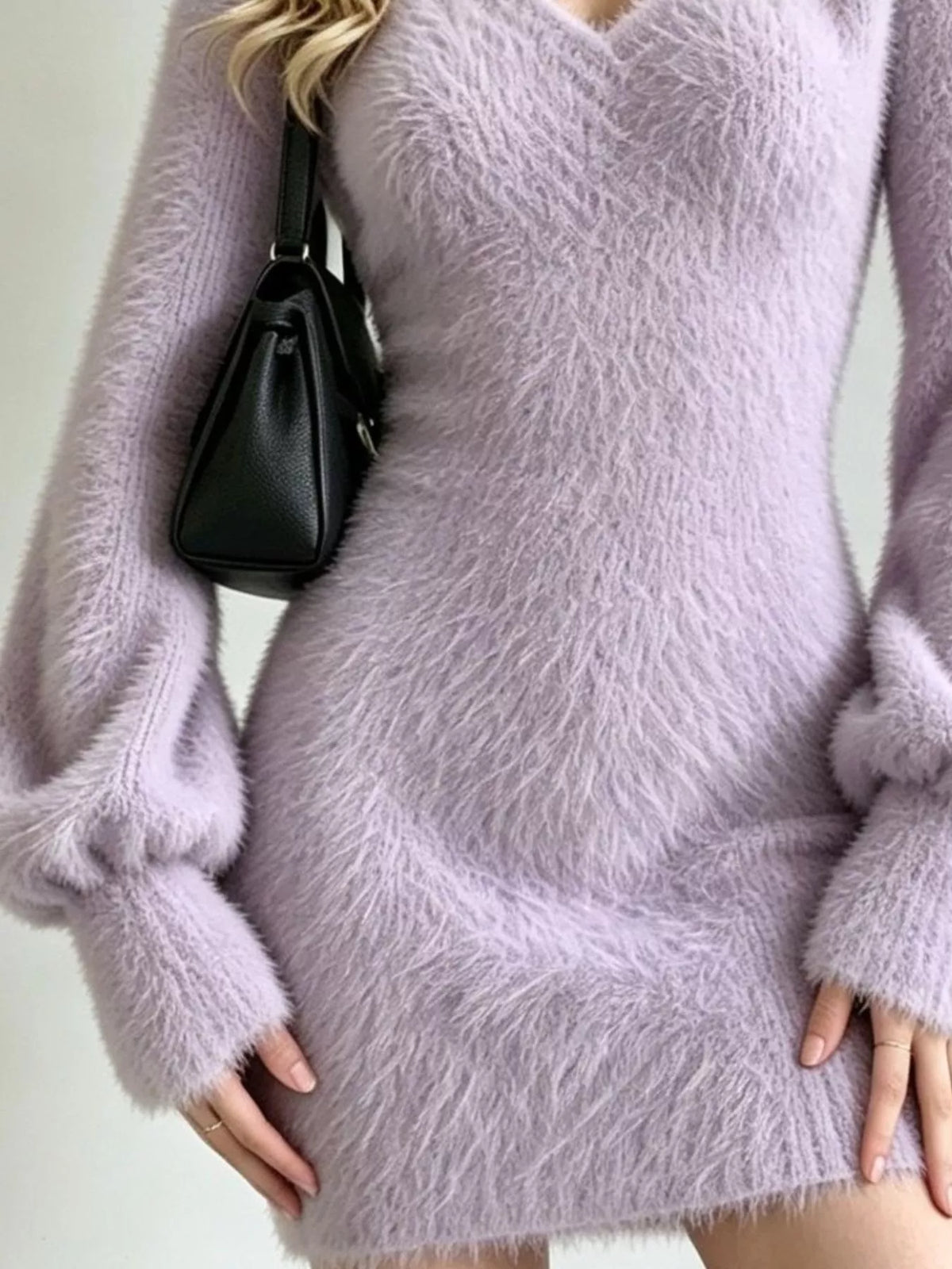 Fuzzy V-neck Long Sleeve Sweater Dress (15)