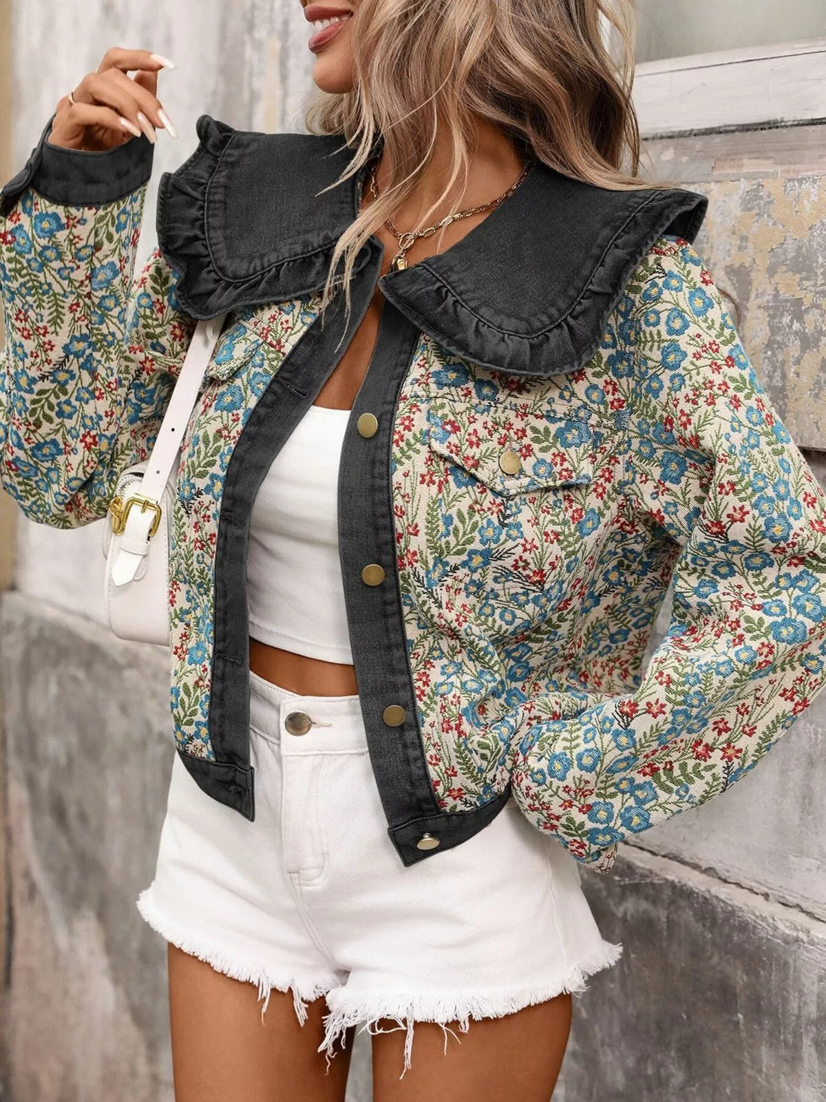 Floral Ruffle Collar Denim Jacket (5)