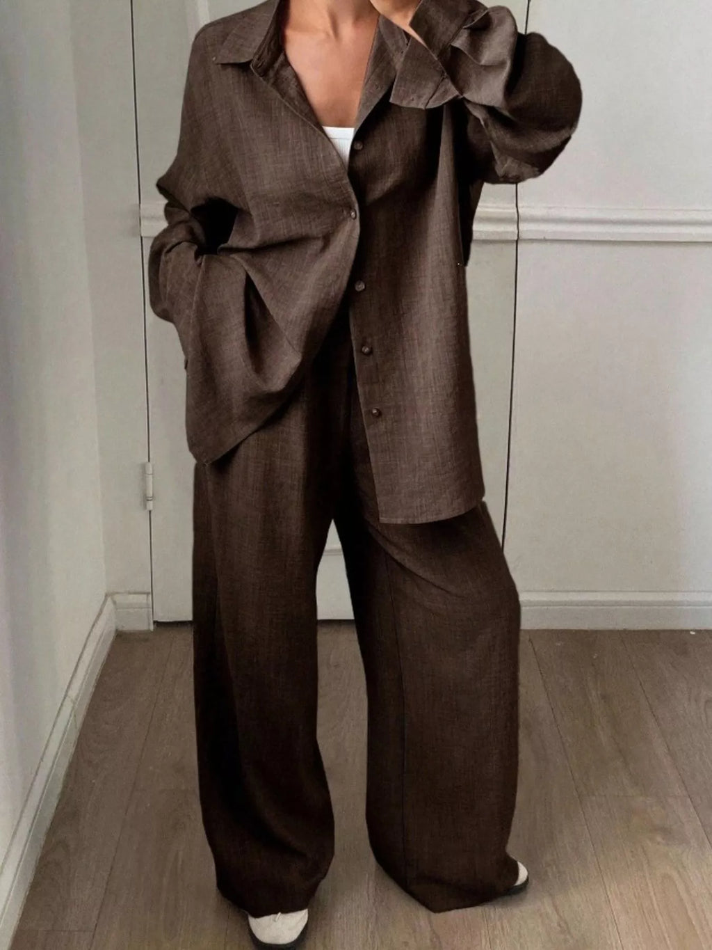 Button Up Long Sleeve Shirt Wide Leg Pants Set (24)