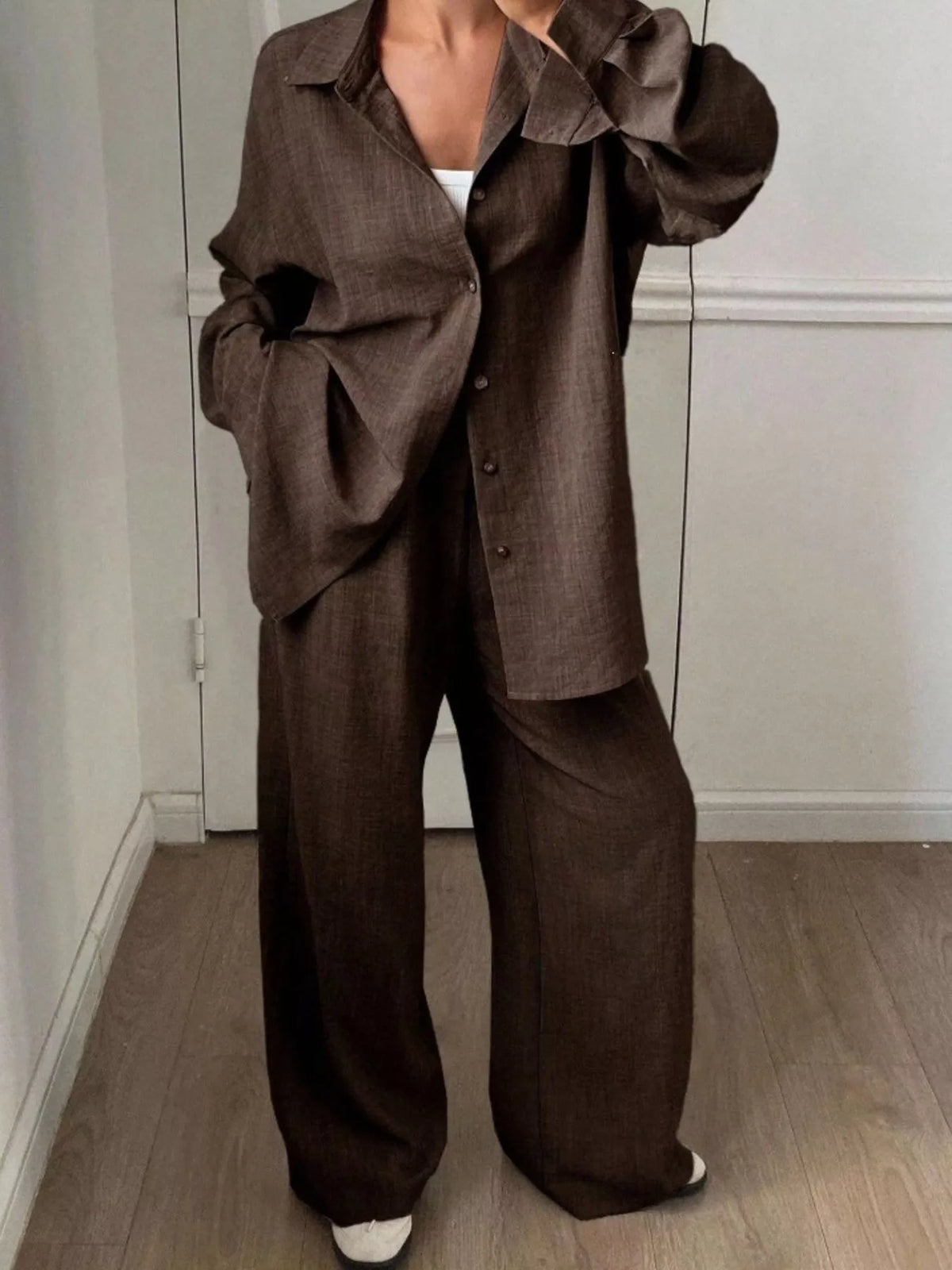 Button Up Long Sleeve Shirt Wide Leg Pants Set (24)