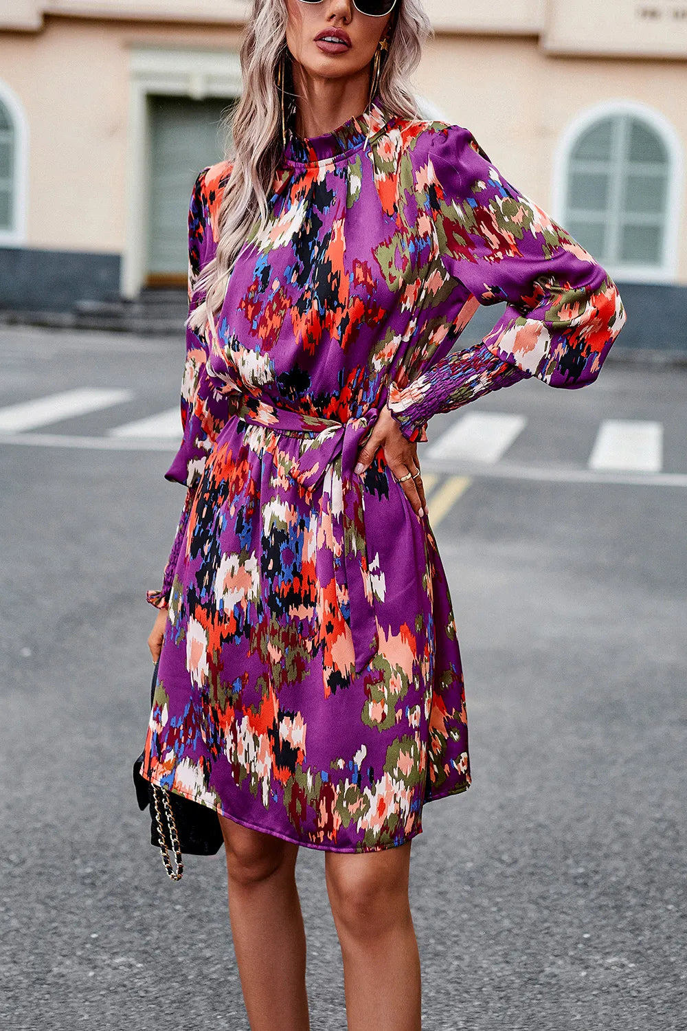 Printed Tie Waist Mock Neck Lantern Sleeve Dress (12)