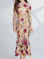 Floral Embroidered Mesh Long Sleeve Midi Dress (3)
