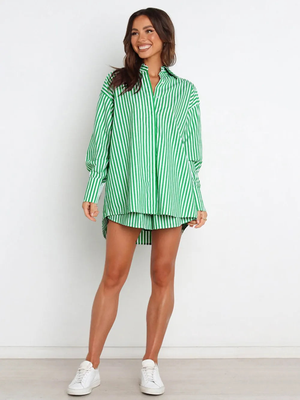 Striped Dropped Shoulder Shirt Shorts Set (11)