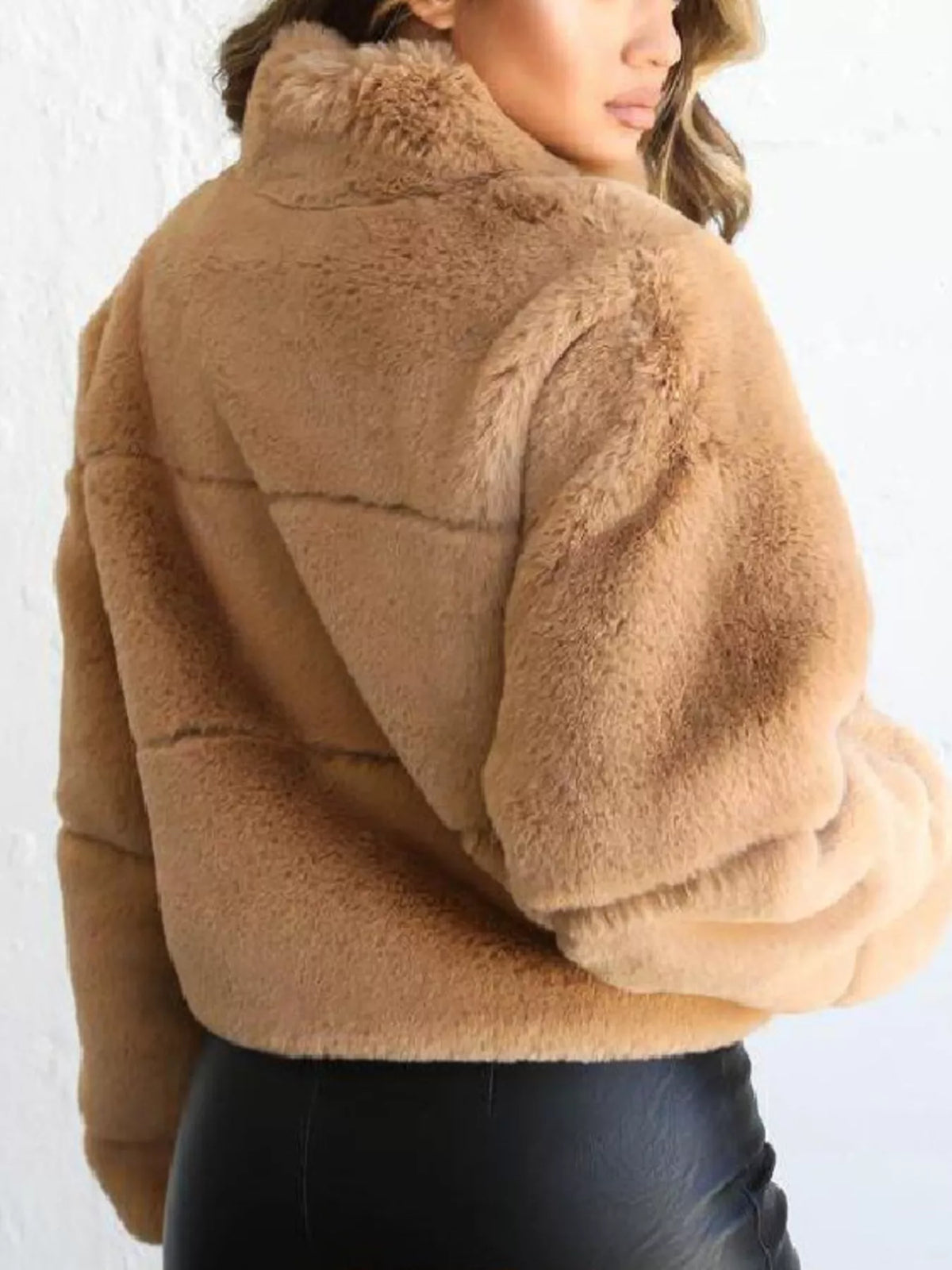Full Size Faux Fur Cropped Zip-up Jacket Plus (2)