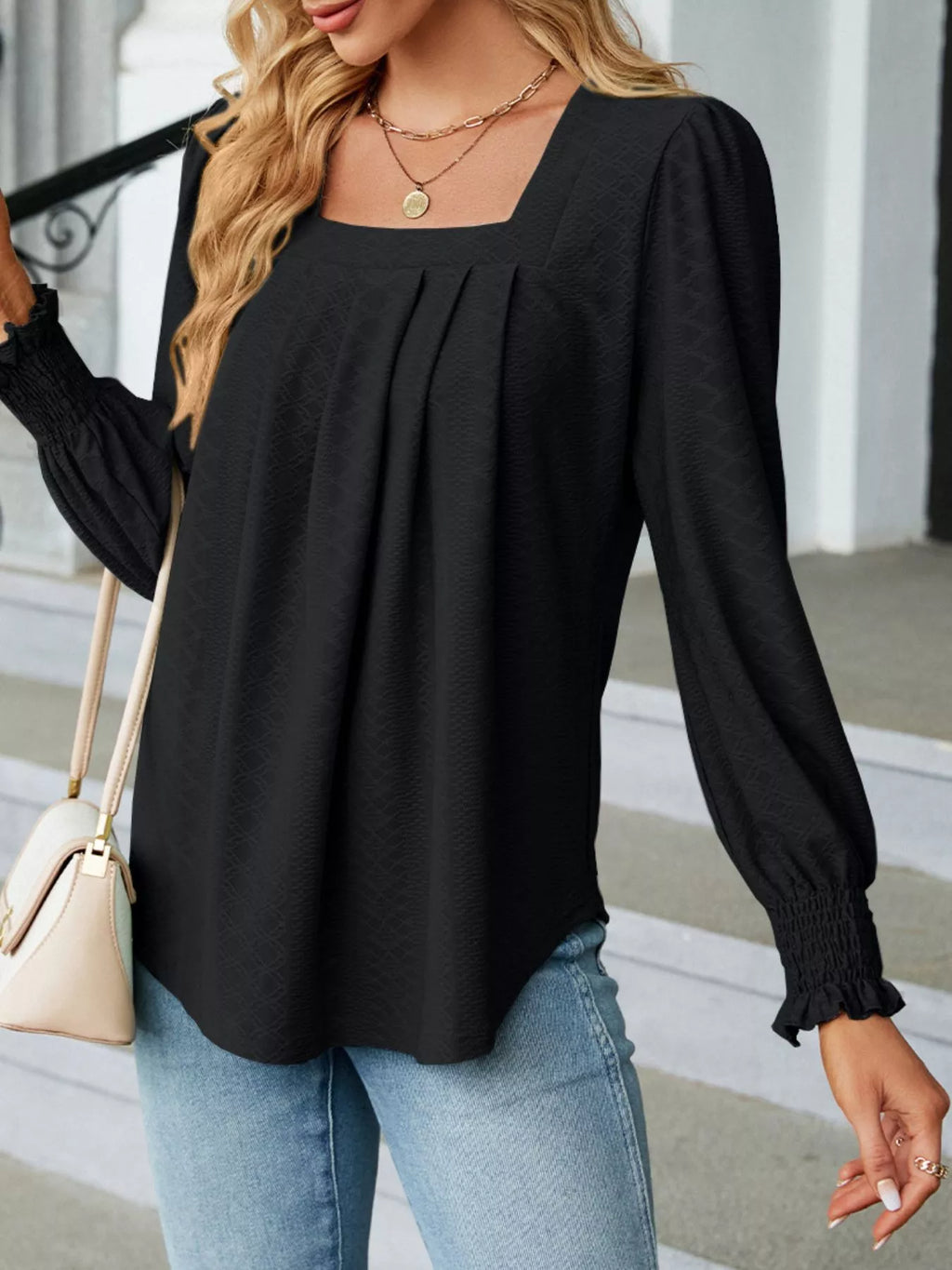 Pleated Square Neck Long Sleeve Top (13)