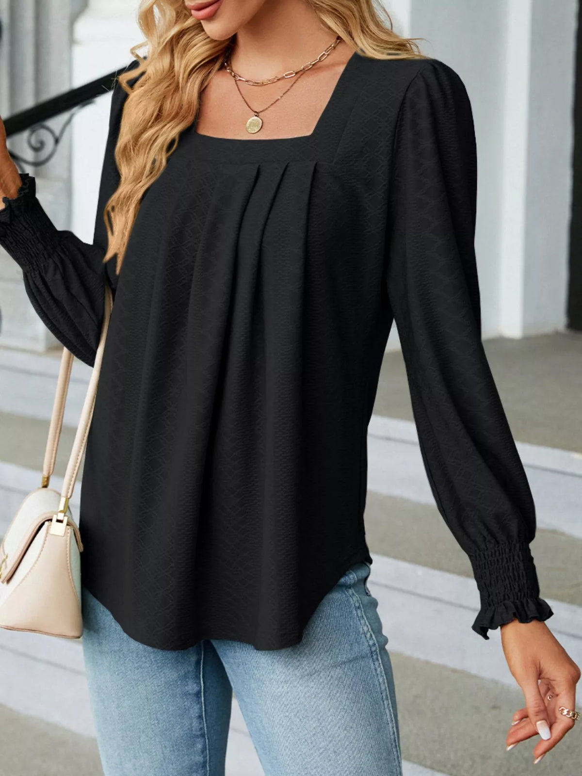 Pleated Square Neck Long Sleeve Top (13)