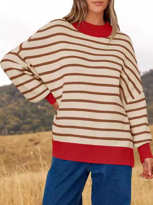 Striped Round Neck Long Sleeve Sweater (2)