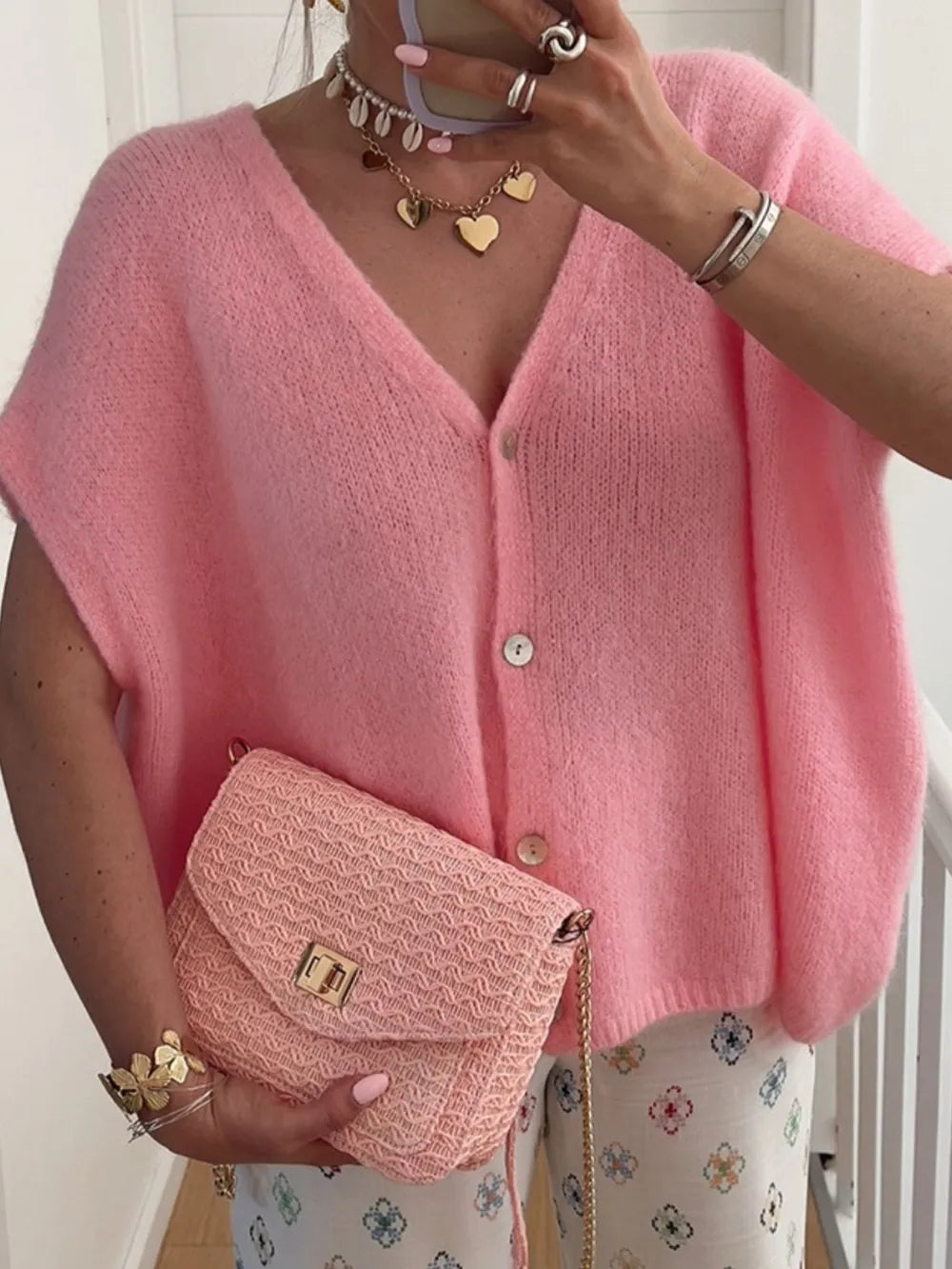 V-neck Button Up Short Sleeve Cardigan