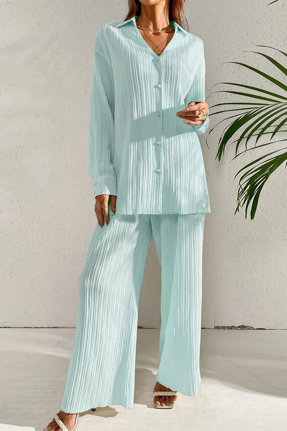 Johnny Collar Button Down Top Pants Set (5)