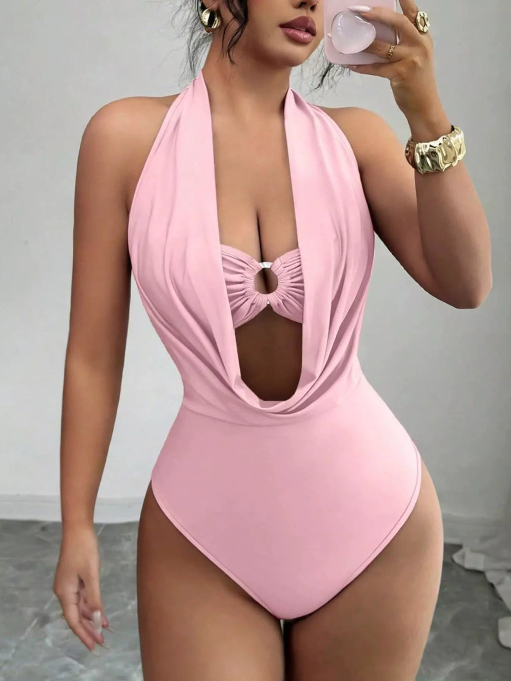 Halter Neck Ruched Ring Detail Bodysuit (7)