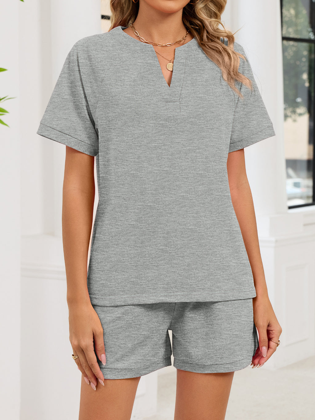 Notched Short Sleeve Top Shorts Set (10)
