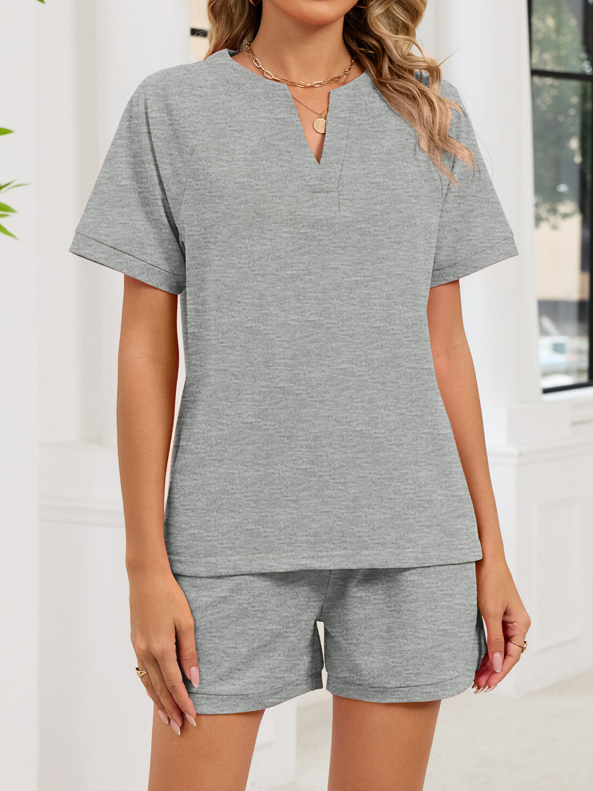 Notched Short Sleeve Top Shorts Set (10)
