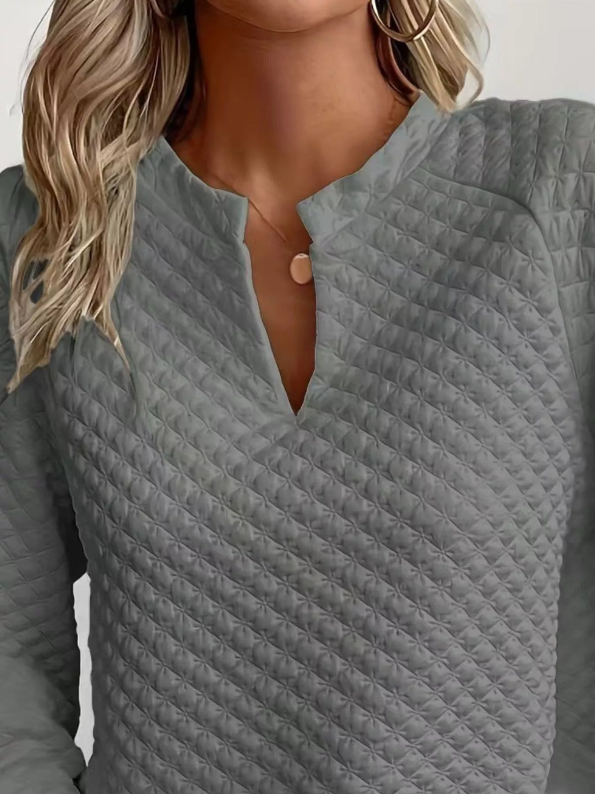 Quilted Texture Long Sleeve Sweatshirt Notched Neck (19)